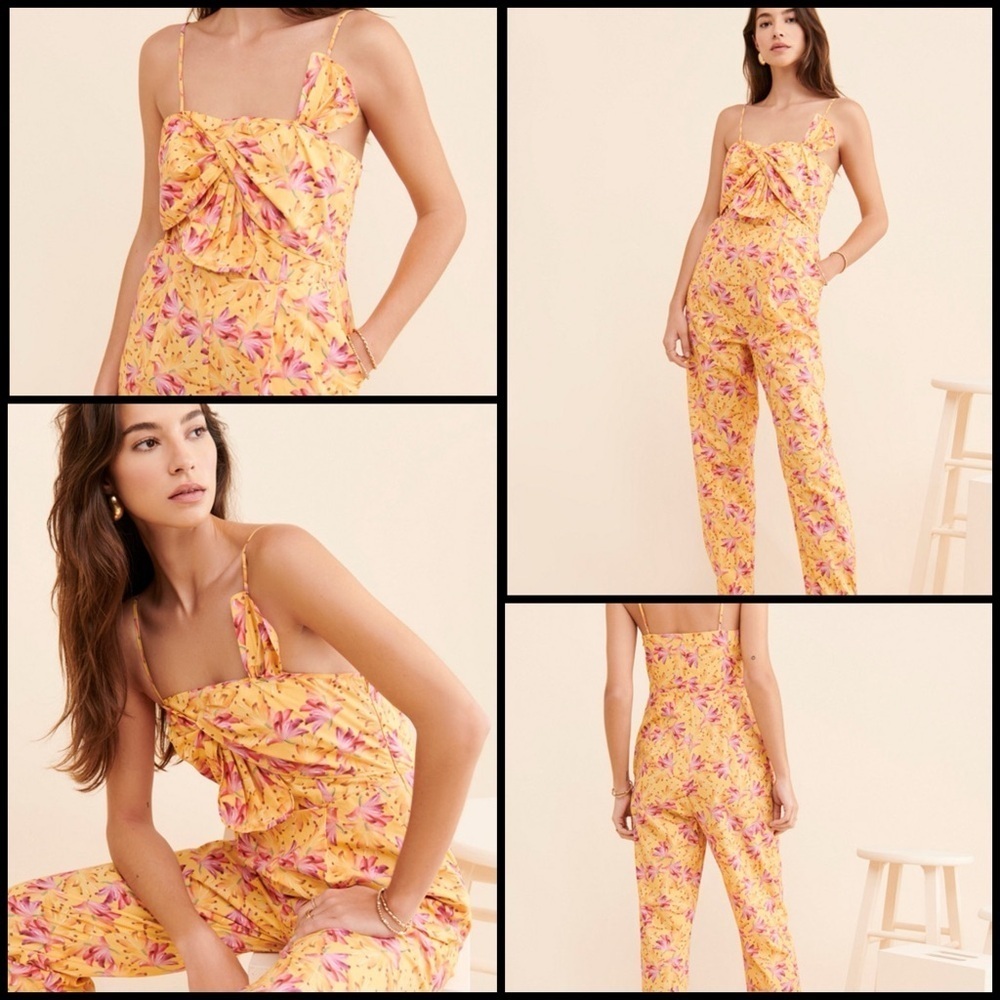 Farm Rio Banana Sunshine Bow Boho Tropical Pleated Pockets Yellow Jumpsuit S New